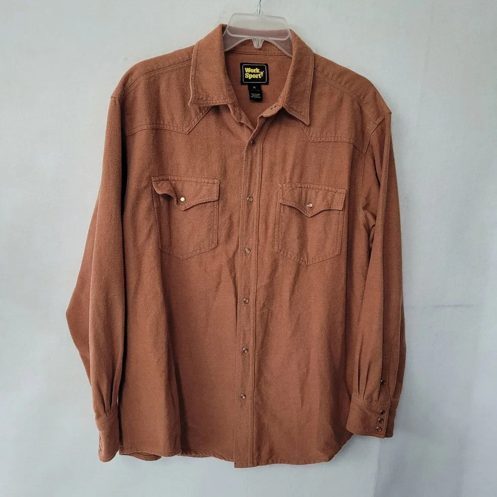 Work n Sport XL Western Flannel Shirt Mens Copper Brown Long Sleeve Snap Pockets